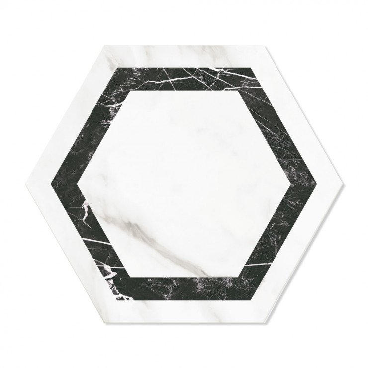 Marmor Hexagon Klinker Venato Vit-Svart Matt-Satin 29x33 cm-1